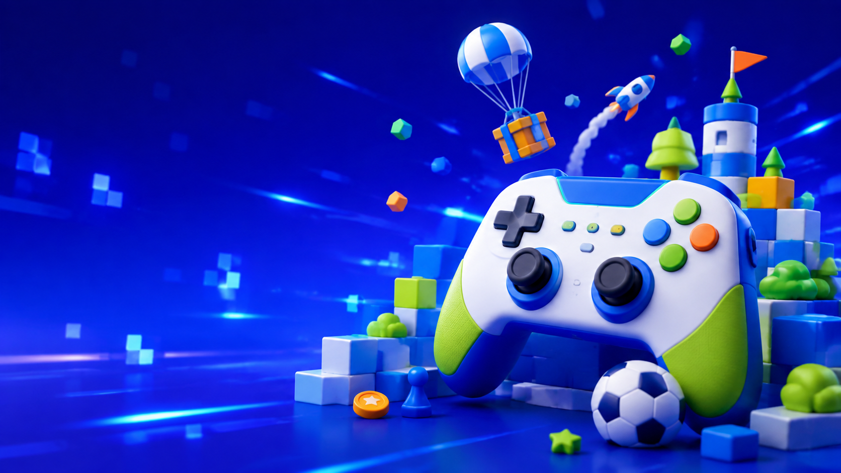 Ilustrasi orisinal dunia game dengan controller, balok permainan, dan bola sepak